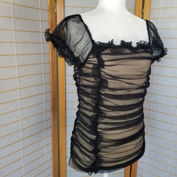 Boston Proper Tops - Boston Proper Sheer Mesh Top with Illusion Lining Square Neckline Black Medium